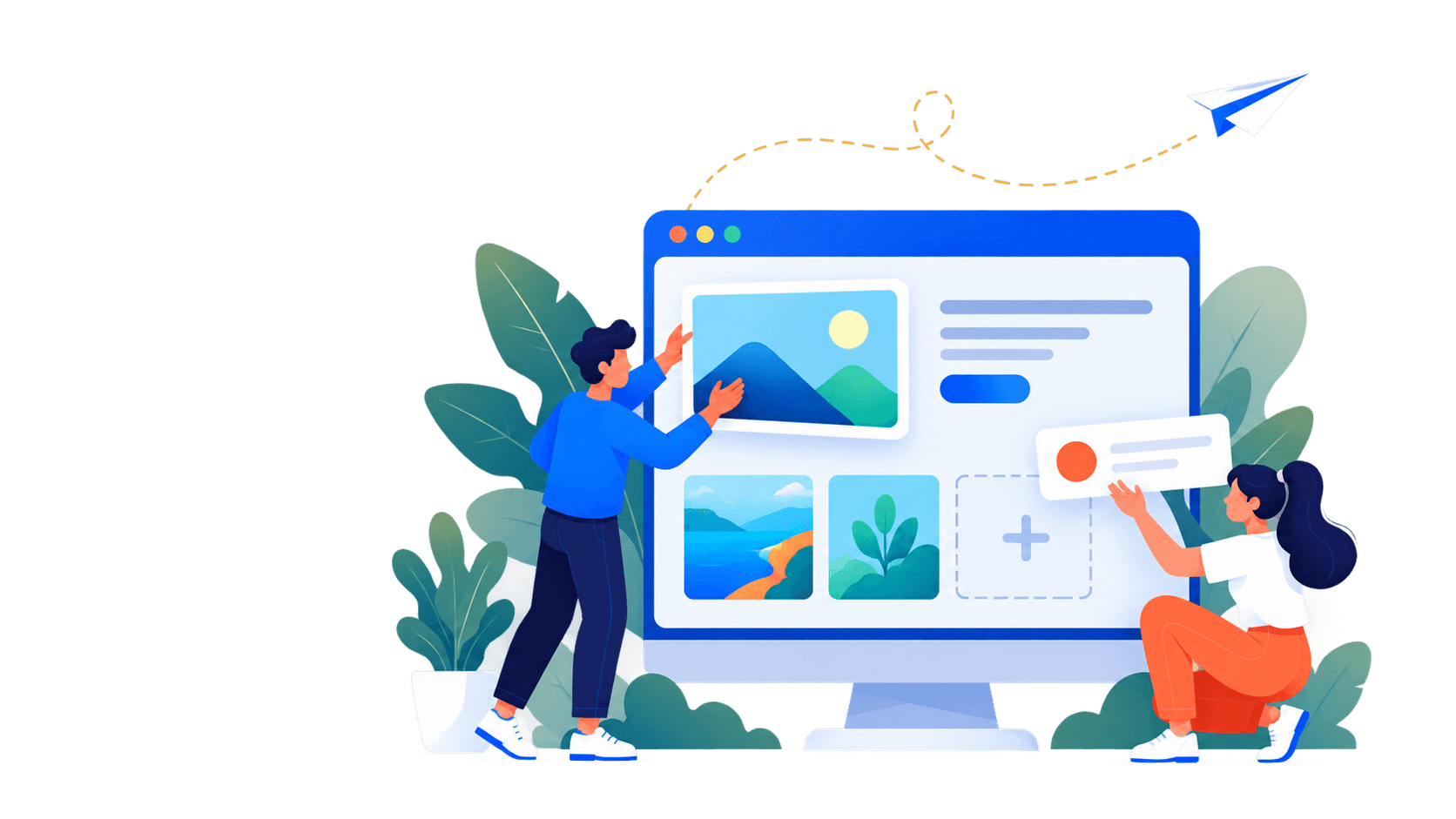 Two people collaborating to build a website